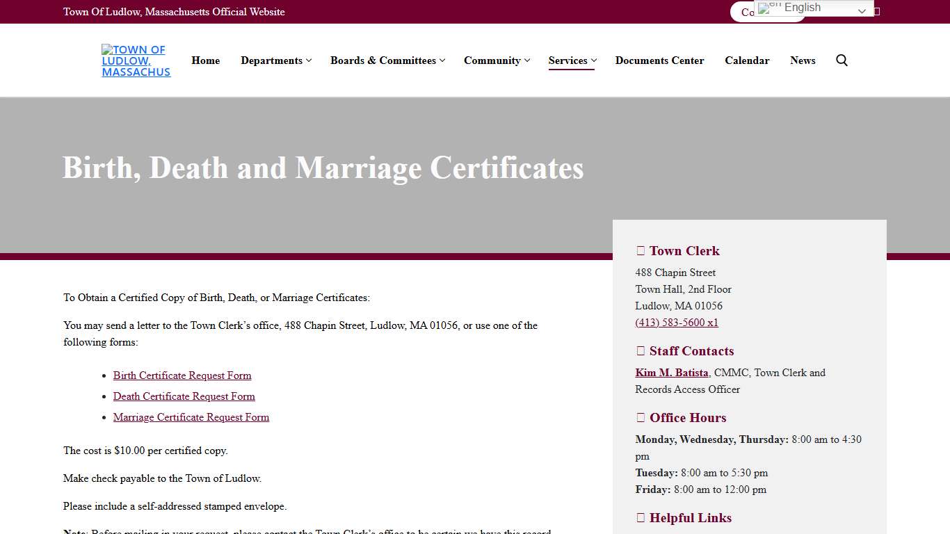 Birth, Death and Marriage Certificates - Town of Ludlow, Massachusetts
